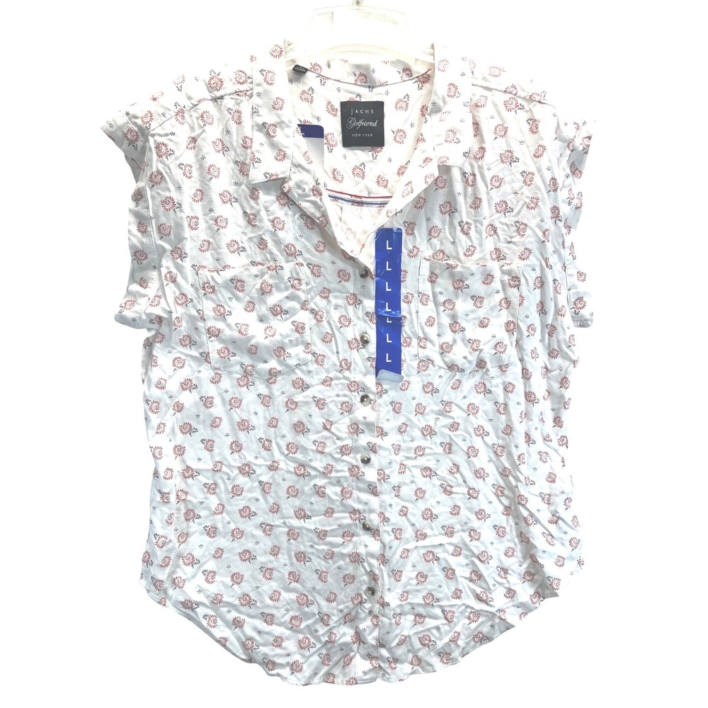 Jachs Girlfriend Womens Large Floral Short Sleeve Button Down Shirt White Red